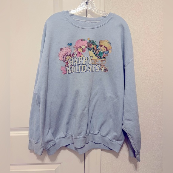 Strawberry Shortcake Sweaters - Strawberry Shortcake “Happy Holidays” Oversized Light Blue Crewneck Sweatshirt